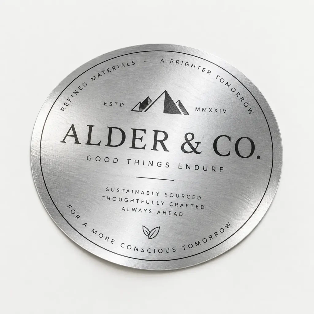 Brushed silver round metal label for Alder & Co. featuring mountain logo, elegant black typography, and sustainable brand messaging