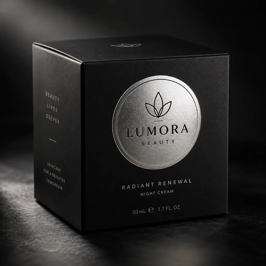 Lumora Beauty Radiant Renewal Night Cream 50ml in luxury matte black box with silver foil circular logo, dramatic dark studio lighting
