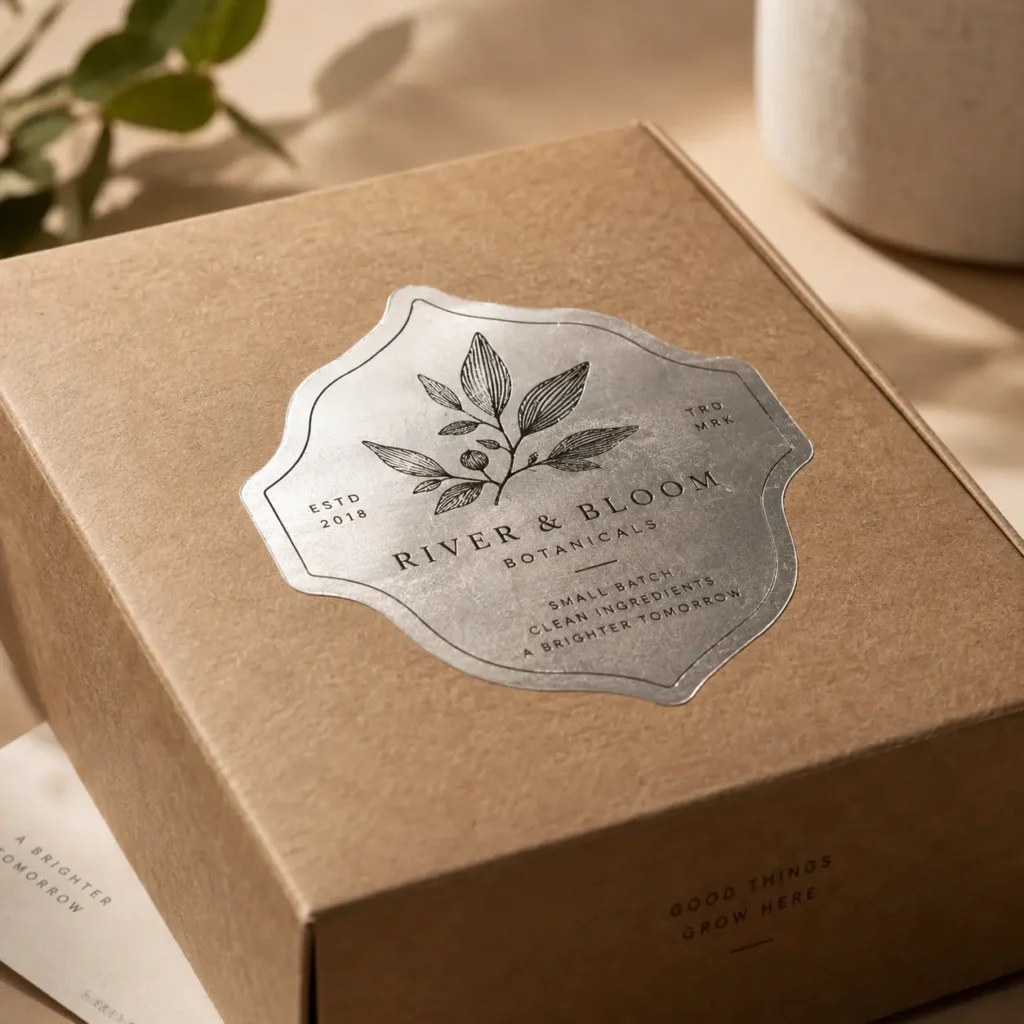 Kraft gift box with silver foil botanical label for River & Bloom Botanicals, elegant eco-friendly custom packaging design