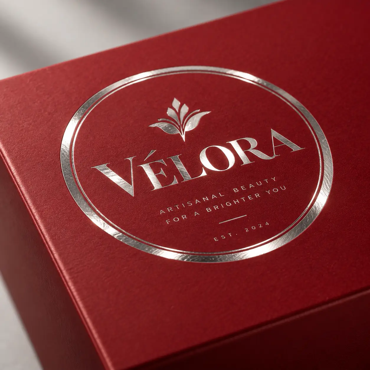 Vélora luxury red gift box with silver foil logo, artisanal beauty brand packaging, elegant premium unboxing design by The Packaging Masters