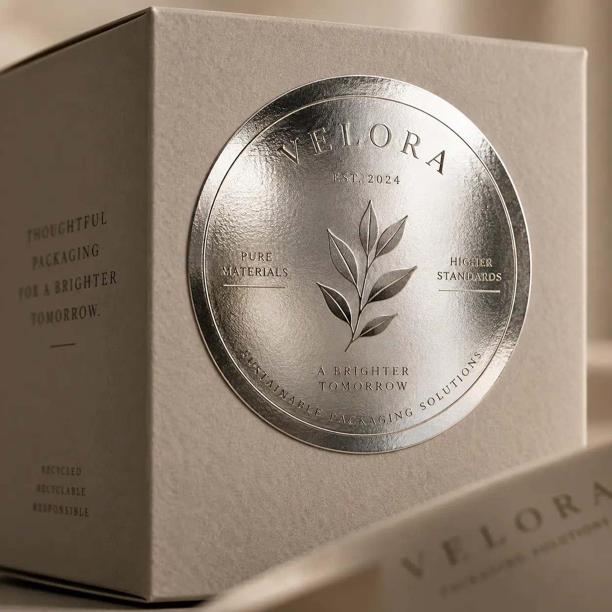 Velora sustainable packaging box with silver embossed seal, recycled beige texture, elegant eco-friendly branding, EST. 2024