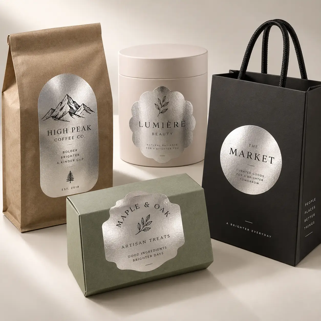 Silver foil labels on kraft coffee bag, white beauty tin, sage green box, and black shopping bag premium product packaging display