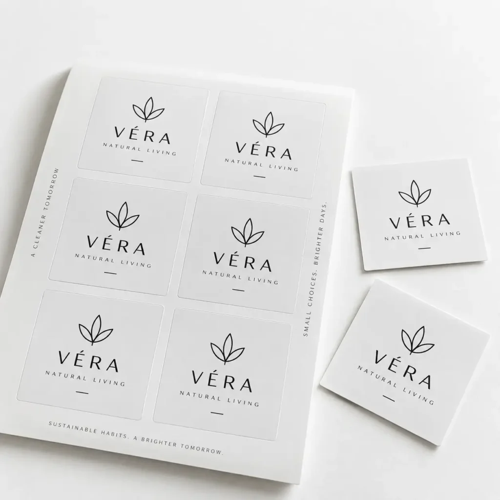 White sheet of custom square sticker labels featuring Véra Natural Living minimalist black logo with leaf design, peeled stickers beside