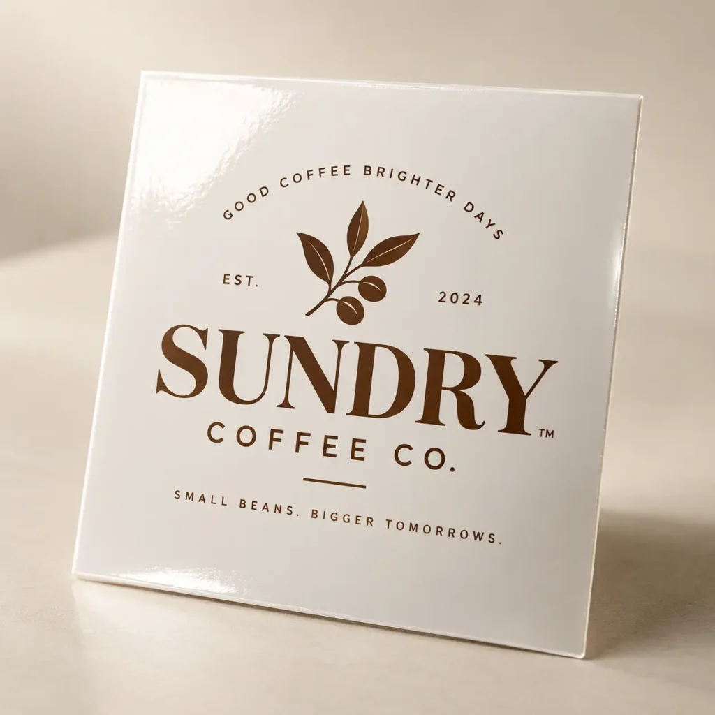 White glossy square packaging display for Sundry Coffee Co., brown botanical logo, Est. 2024, custom printed branding tile