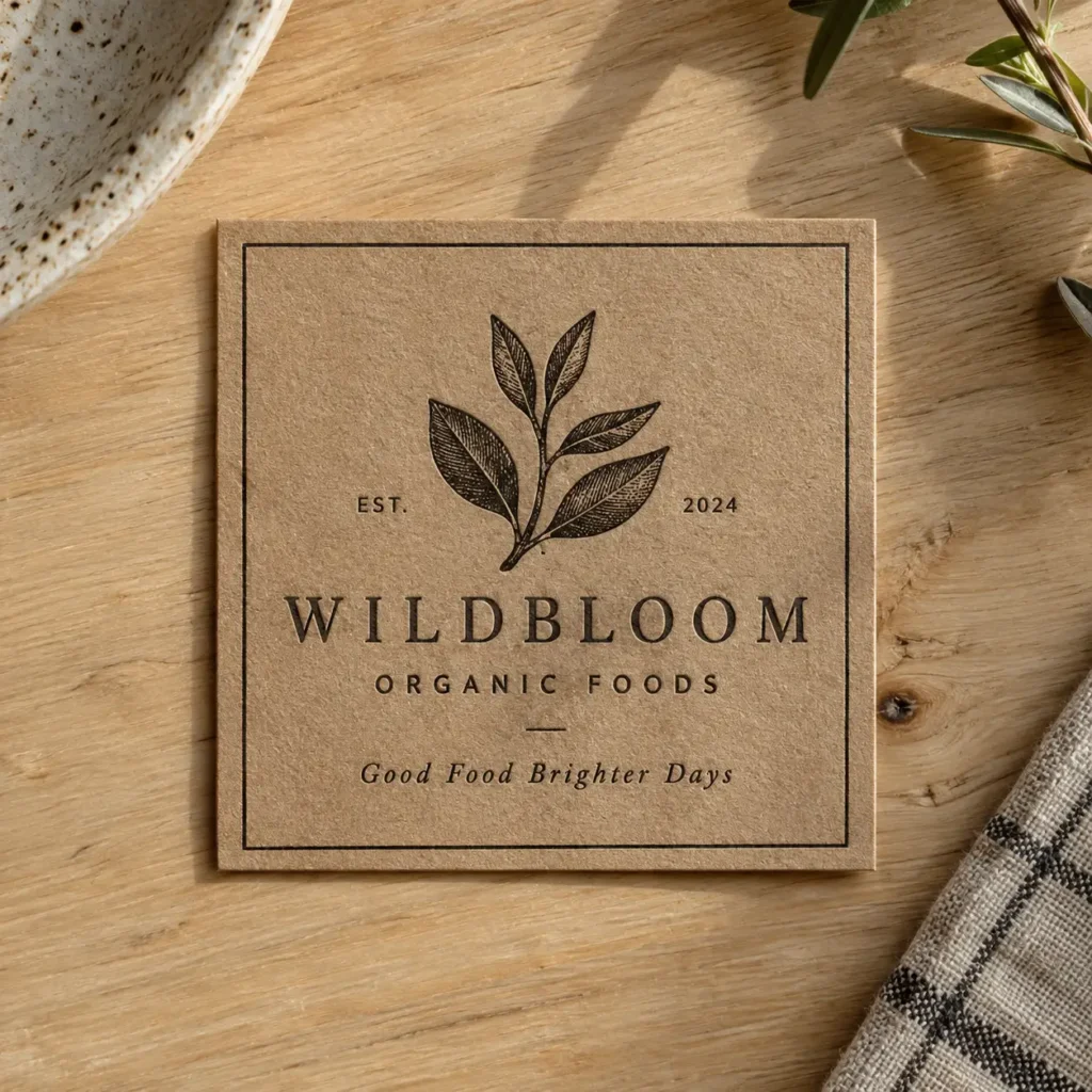 Kraft paper square logo card for Wildbloom Organic Foods on wooden surface, botanical leaf illustration, rustic natural branding packaging design