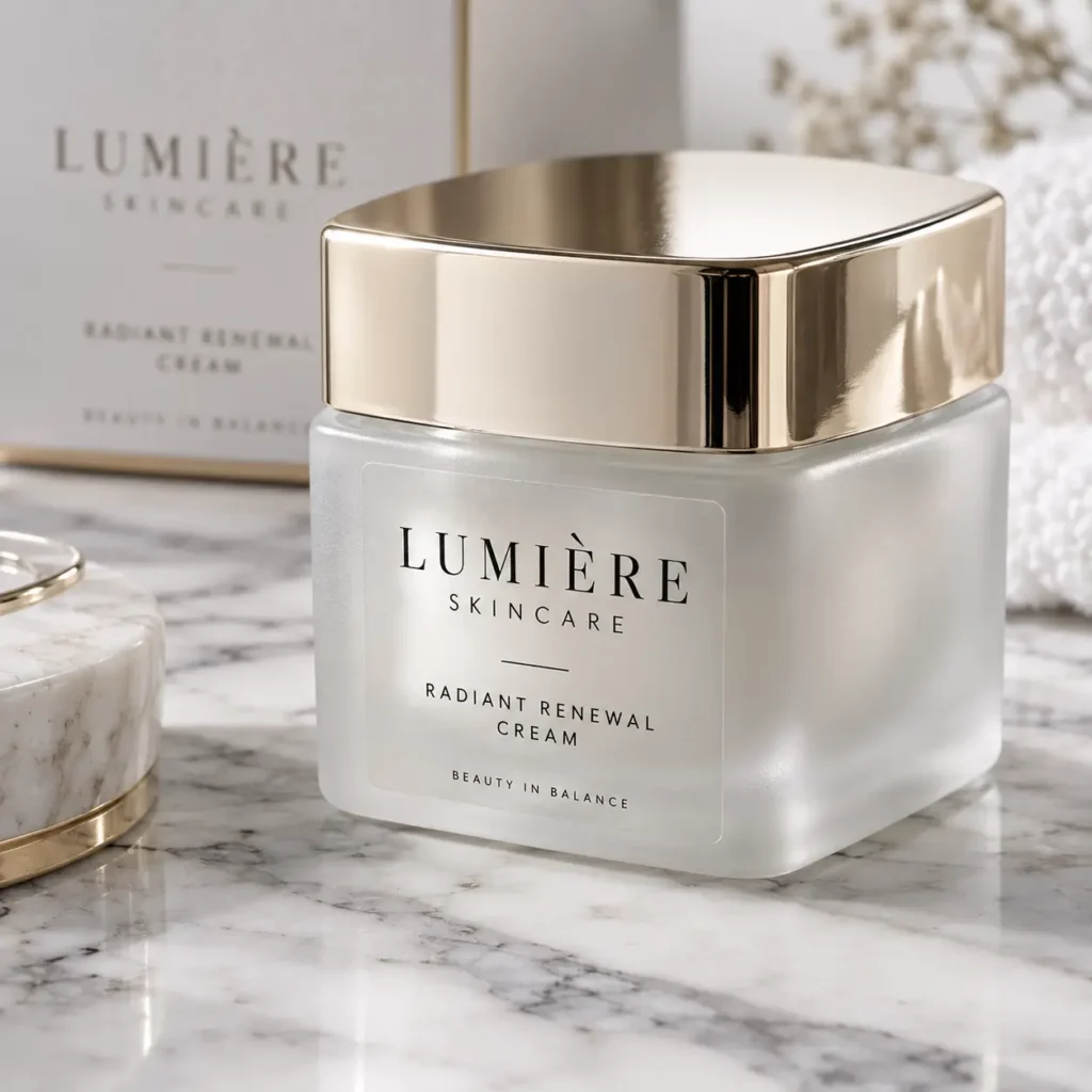 Lumière Skincare Radiant Renewal Cream in frosted glass jar with gold lid on marble surface, luxury cosmetic packaging design