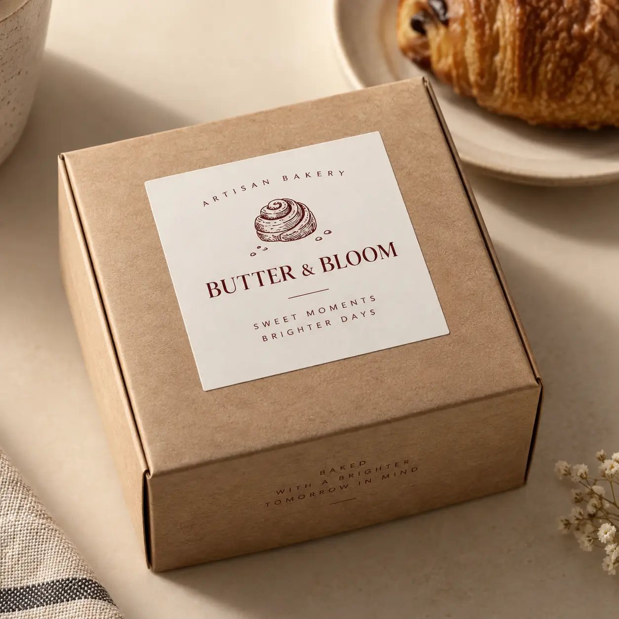 Kraft bakery box with white Butter & Bloom artisan label, cinnamon roll logo, croissant in background, warm neutral tones