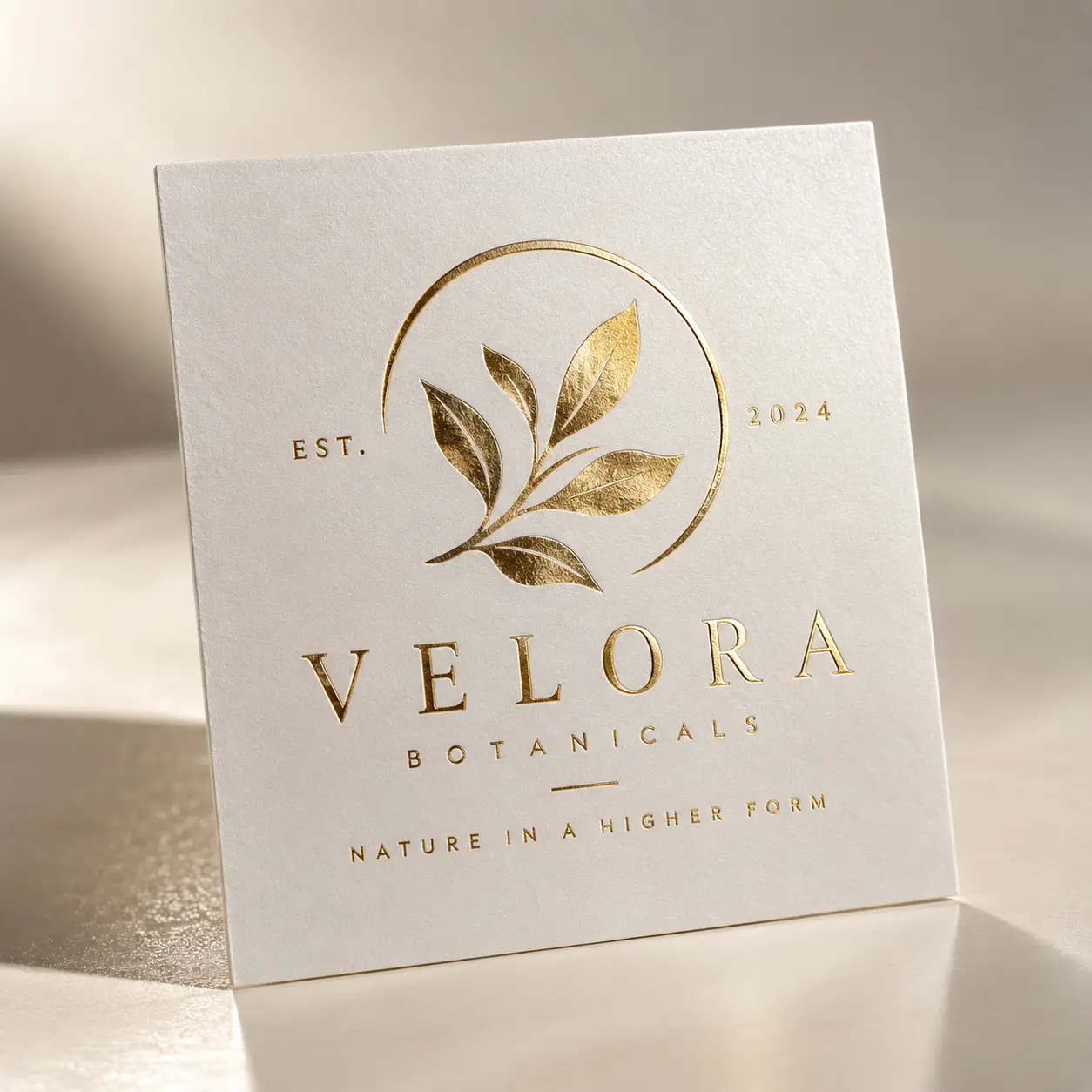 Velora Botanicals gold foil luxury business card on white textured paper with botanical leaf logo, EST. 2024, premium packaging design