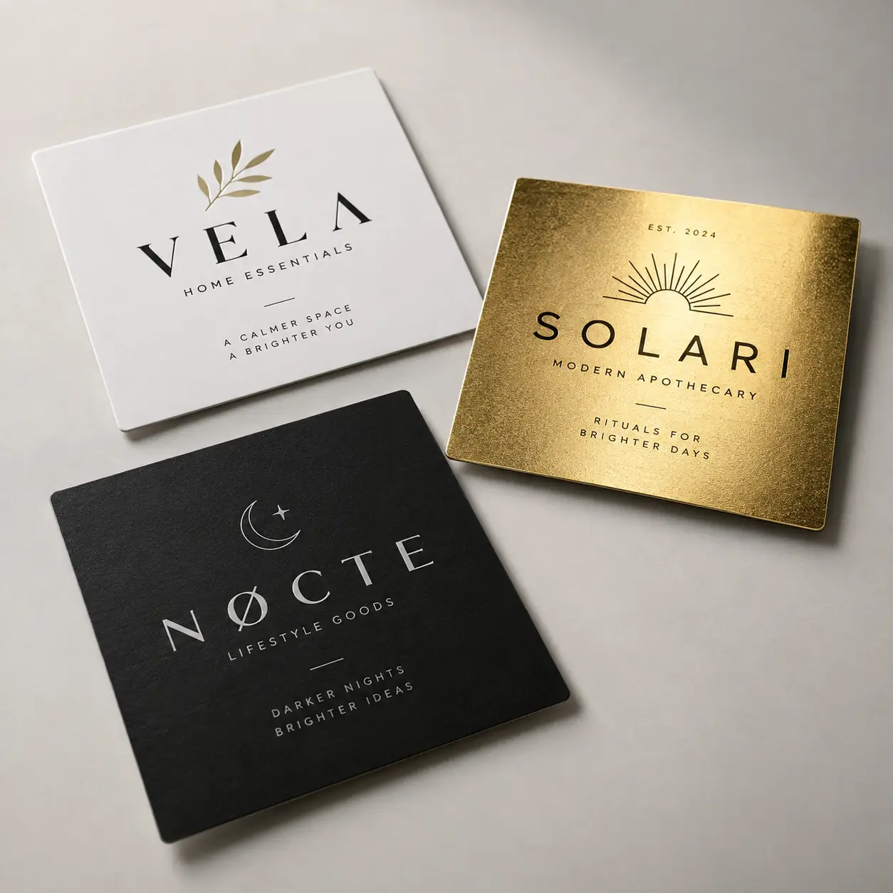 Three luxury brand cards: white Vela, gold Solari apothecary, black Nocte lifestyle — premium custom packaging design samples