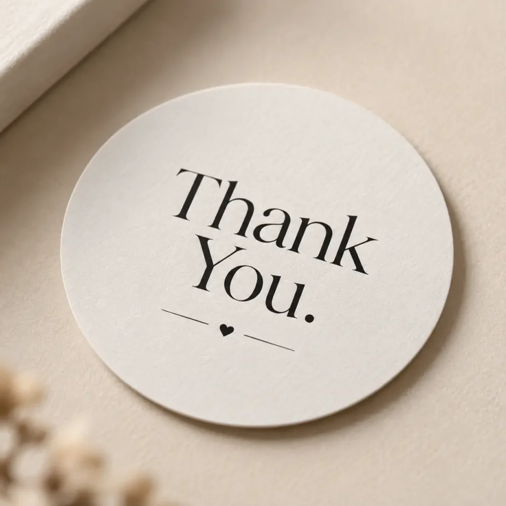Elegant round white thank you sticker with black serif font and heart detail, minimalist packaging label by The Packaging Masters