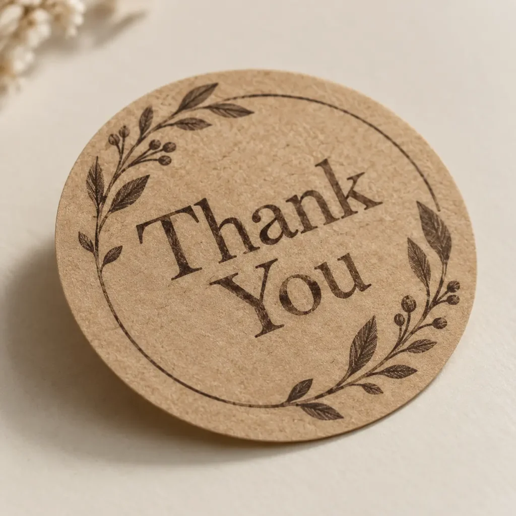 Rustic kraft paper round Thank You sticker with botanical leaf wreath design, perfect for small business packaging and gift wrapping
