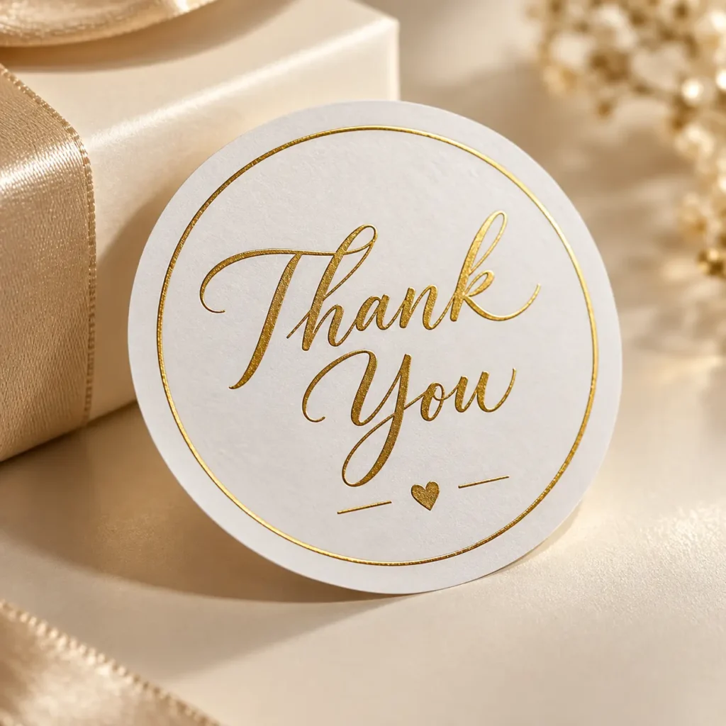 White and gold foil Thank You sticker label leaning against cream gift box with satin ribbon, elegant packaging seal