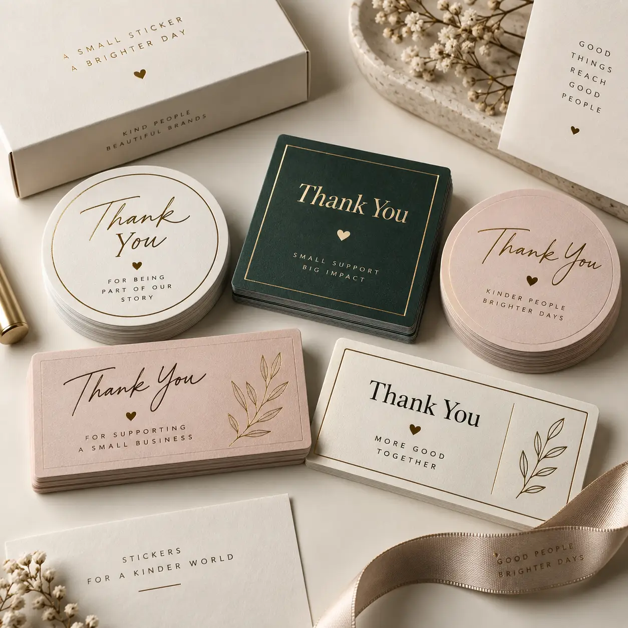 Elegant thank you stickers and cards in blush pink, white, and green with gold foil text for small business packaging