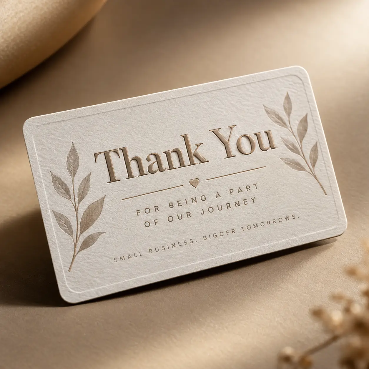 Elegant ivory thank you card with gold botanical leaf prints, small business packaging insert by The Packaging Masters