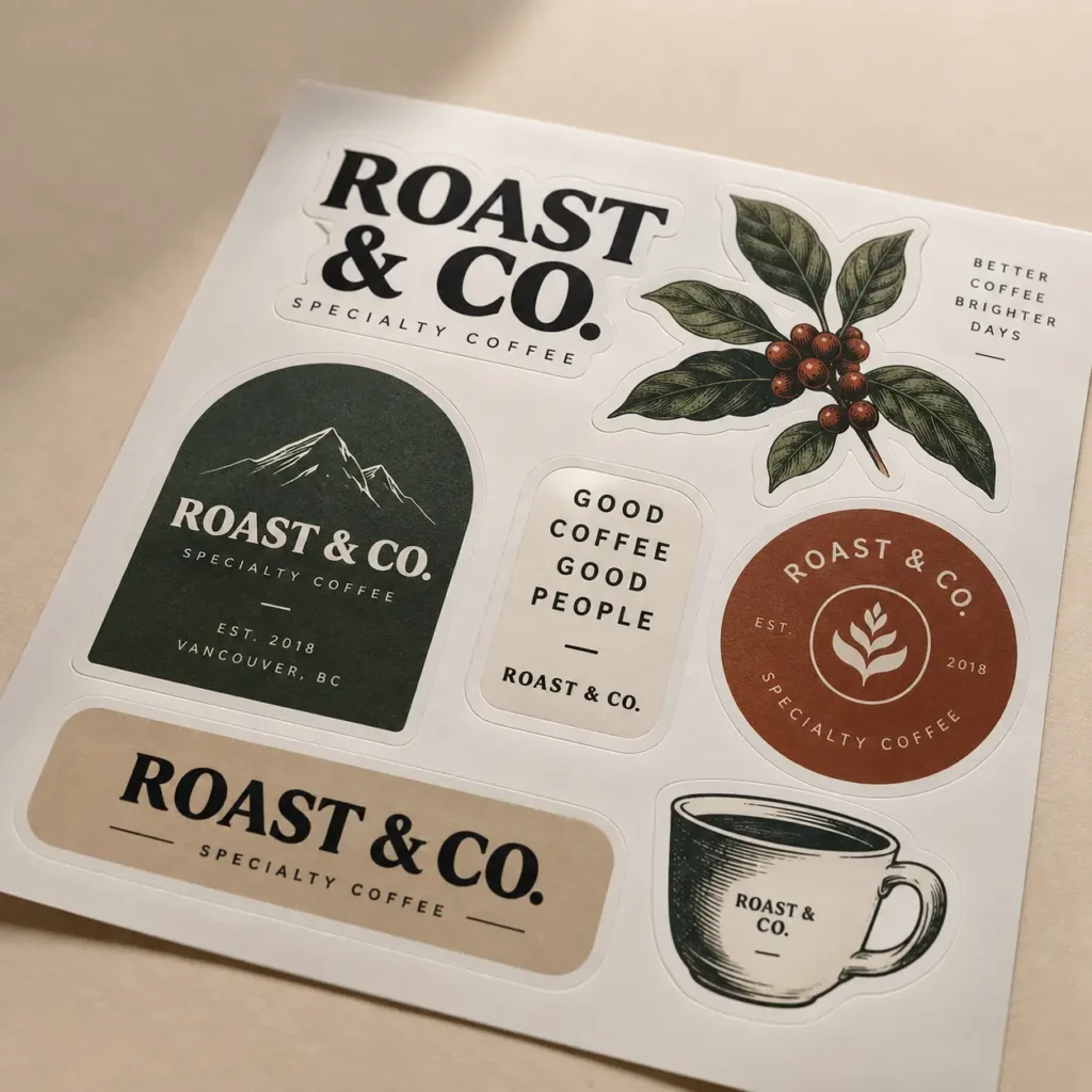 Roast & Co. specialty coffee sticker sheet featuring green mountain logo, brown circular badge, coffee cup, and botanical illustrations