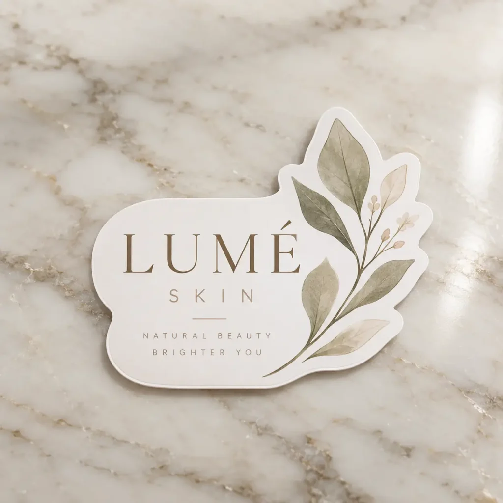 Lumé Skin custom die-cut sticker logo on marble, sage green botanical leaves, cream white background, natural beauty branding packaging