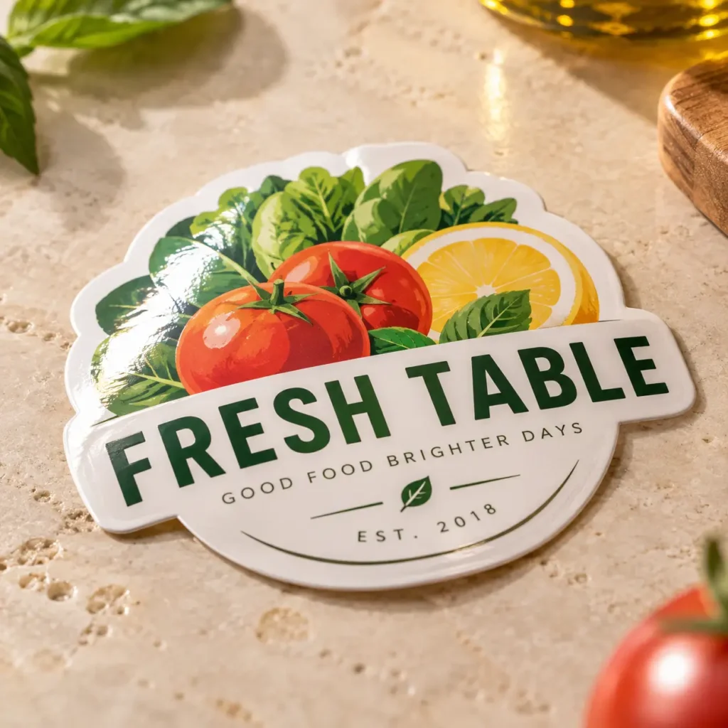 Fresh Table restaurant logo sticker on marble countertop featuring red tomatoes, lemon, green herbs, EST. 2018, custom food branding