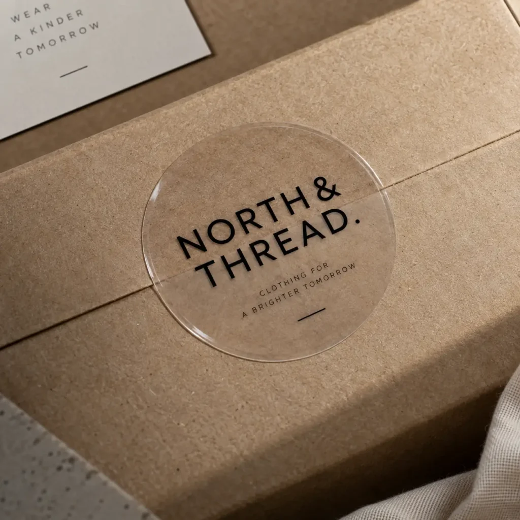 Kraft brown custom packaging box sealed with clear round sticker logo for sustainable clothing brand North & Thread