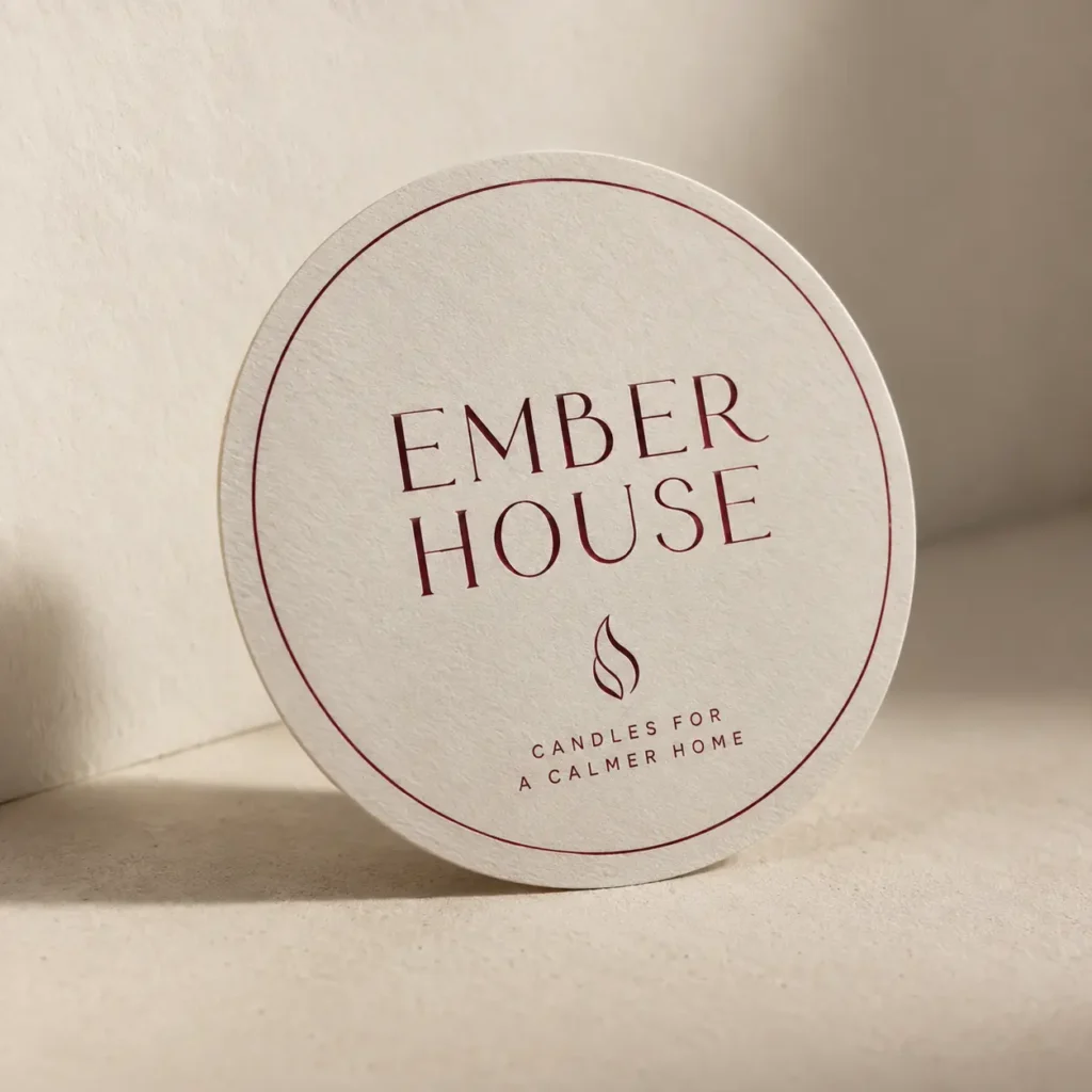Ember House candle brand circular logo coaster, burgundy serif text on cream paper, minimalist flame icon, calm elegant packaging design