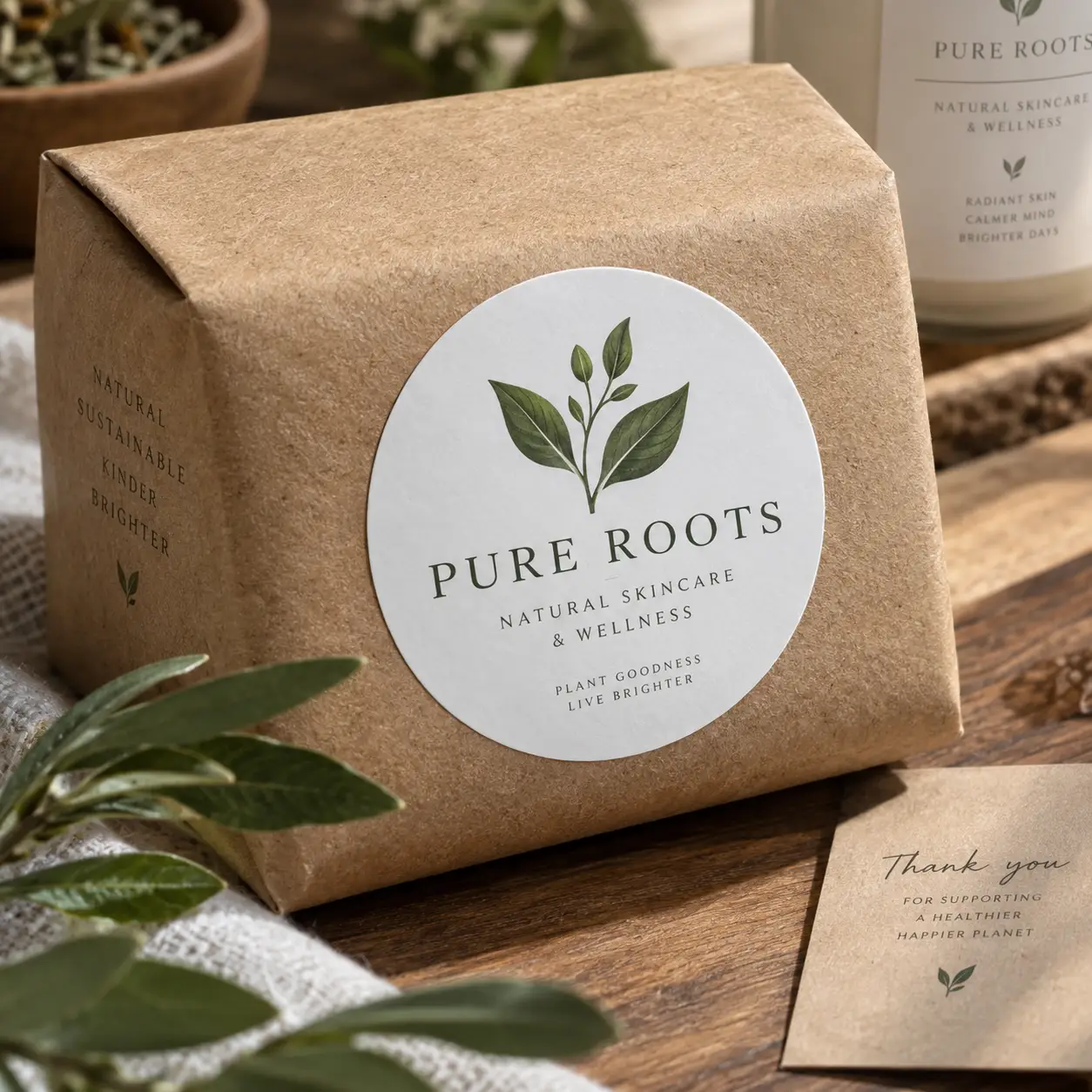 Kraft paper eco packaging with round Pure Roots Natural Skincare label, green botanical logo, wooden surface, sustainable product branding