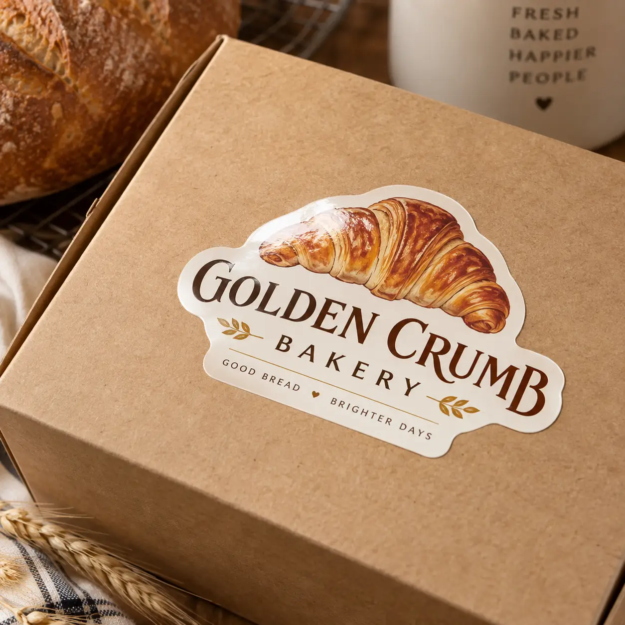 Golden Crumb Bakery kraft box with croissant logo sticker, custom bakery packaging with wheat accents, warm rustic branding