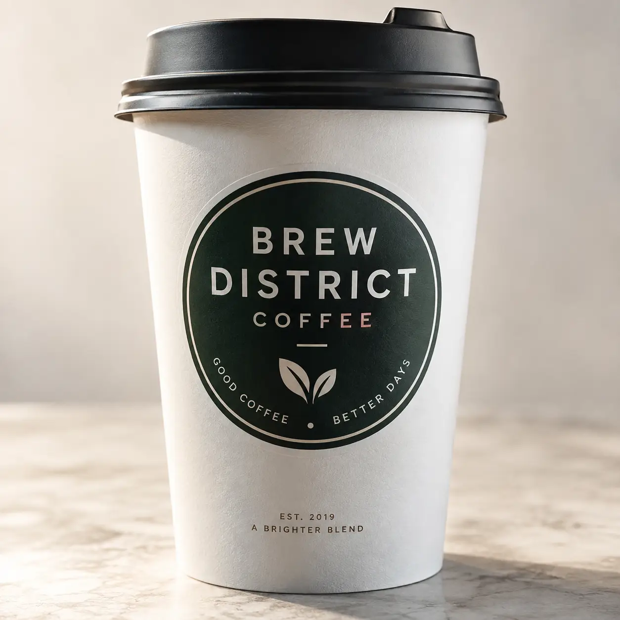 White paper coffee cup with black lid featuring dark green Brew District Coffee logo, marble surface, modern café packaging design