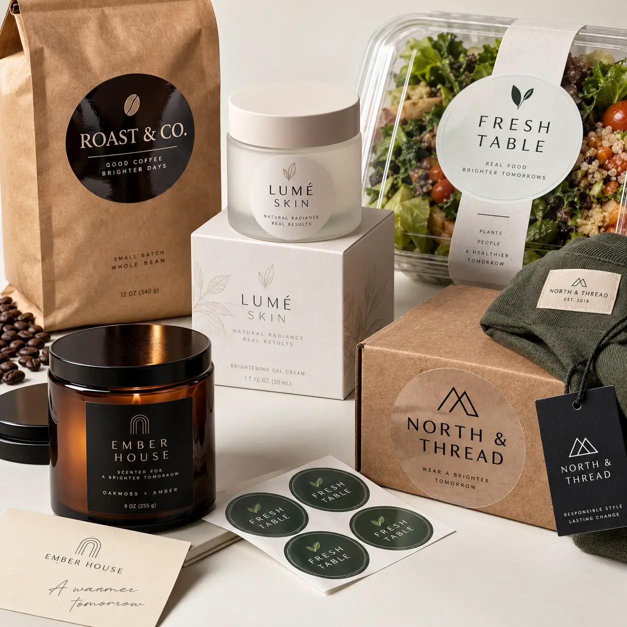 Eco-friendly product packaging collection featuring kraft coffee bags, skincare jars, candles, and sustainable brand labels on white background