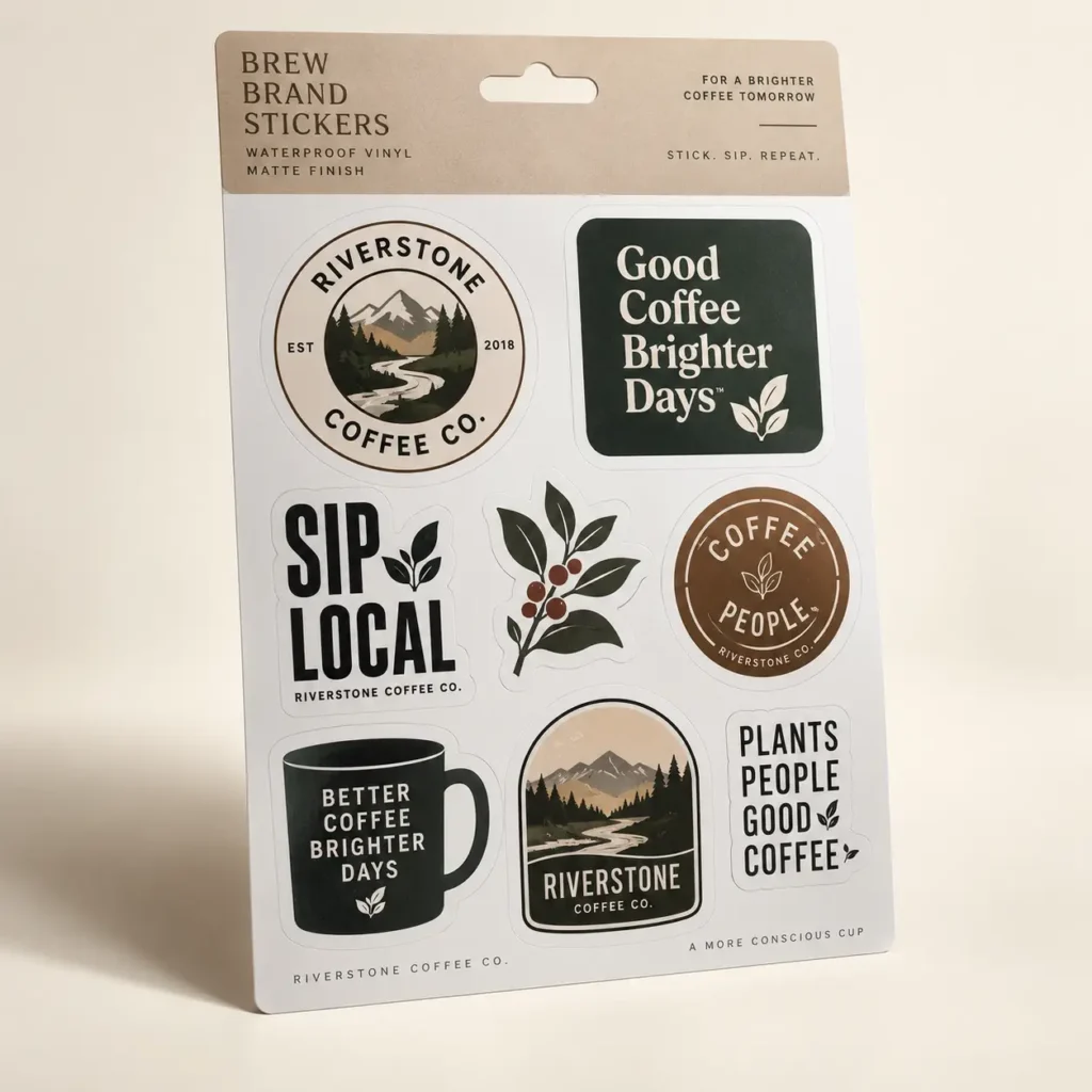 Riverstone Coffee Co brew brand sticker sheet, waterproof vinyl matte finish, dark green and brown coffee-themed designs