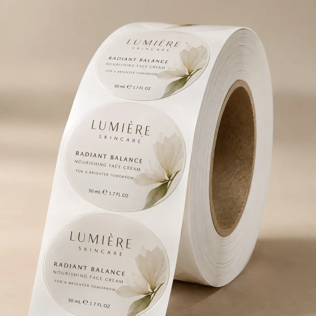 Roll of custom round product labels for Lumière Skincare face cream, white floral design, beige background, professional packaging