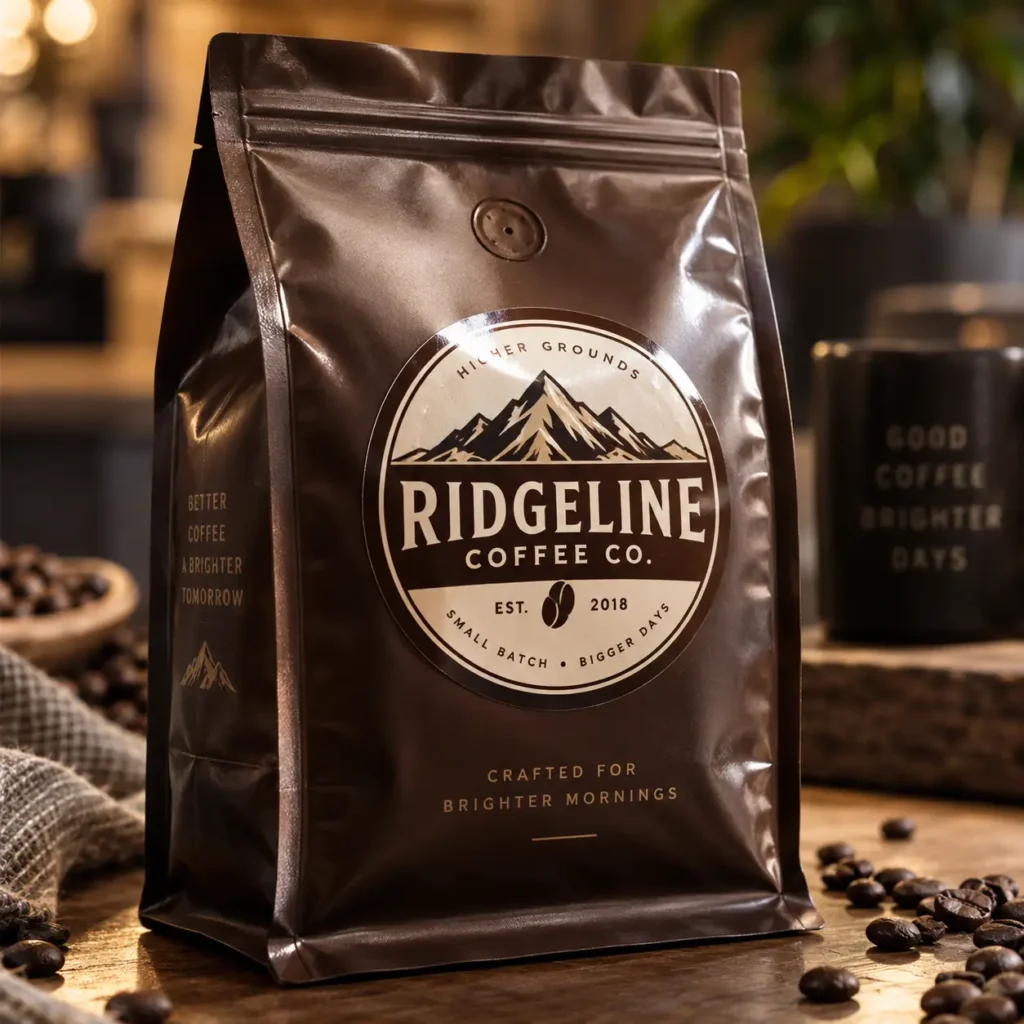 Dark brown coffee bag packaging with Ridgeline Coffee Co. mountain logo, EST. 2018, surrounded by roasted beans on wooden surface