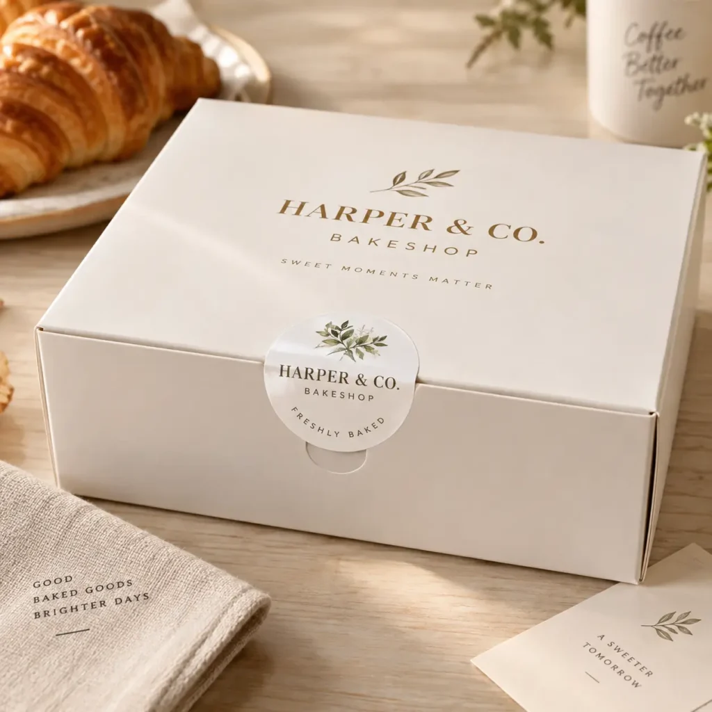 Elegant white bakery packaging box with gold Harper & Co. Bakeshop branding, botanical logo sticker, croissants, and linen napkin styling