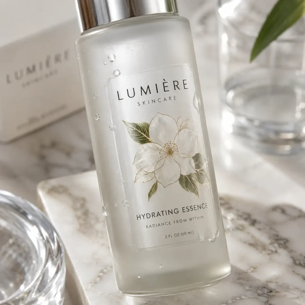 Lumière Skincare Hydrating Essence 60ml frosted glass bottle with white floral label on marble surface, luxury skincare packaging design