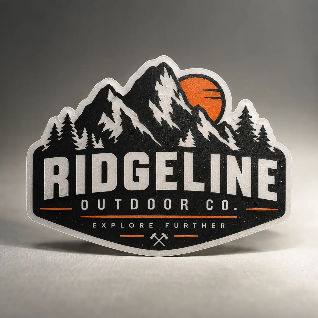 Black and orange Ridgeline Outdoor Co. die-cut sticker with mountain, pine trees, and sun logo reading Explore Further