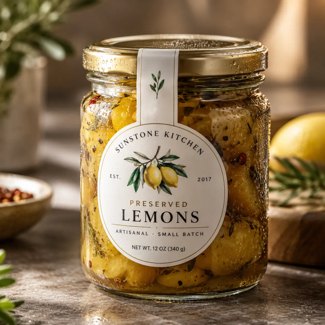 Sunstone Kitchen artisanal preserved lemons jar with gold lid, circular white label, herbs and spices, rustic kitchen packaging design