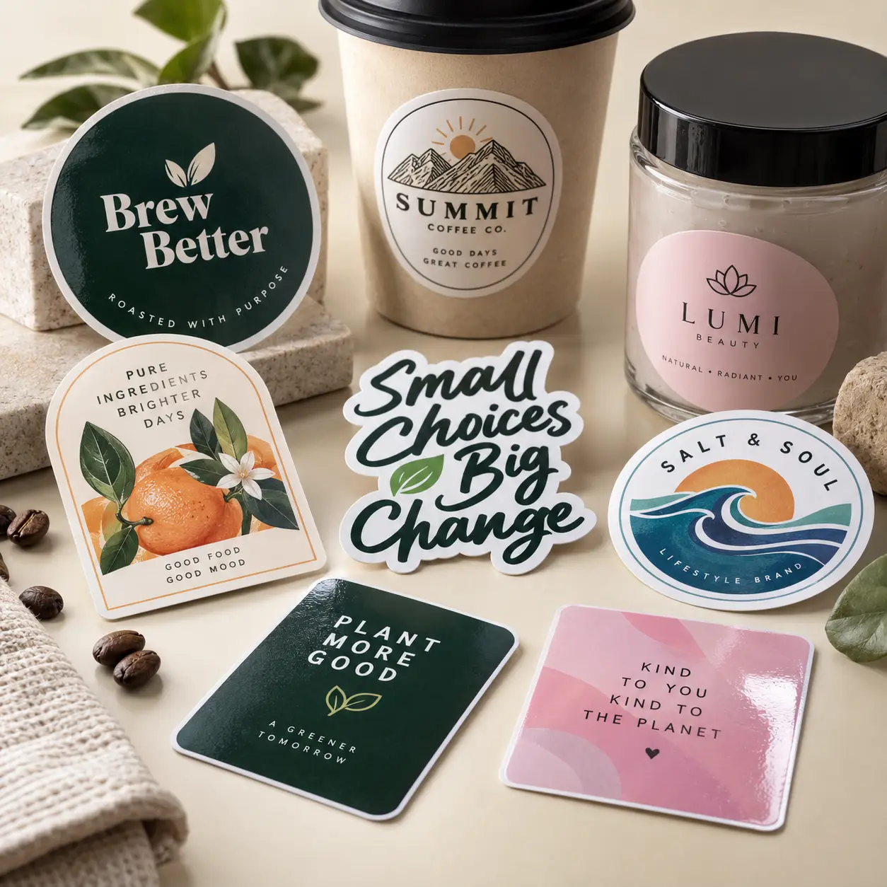 Custom product stickers and labels display featuring eco-friendly brand designs in green, pink, and teal on beige background