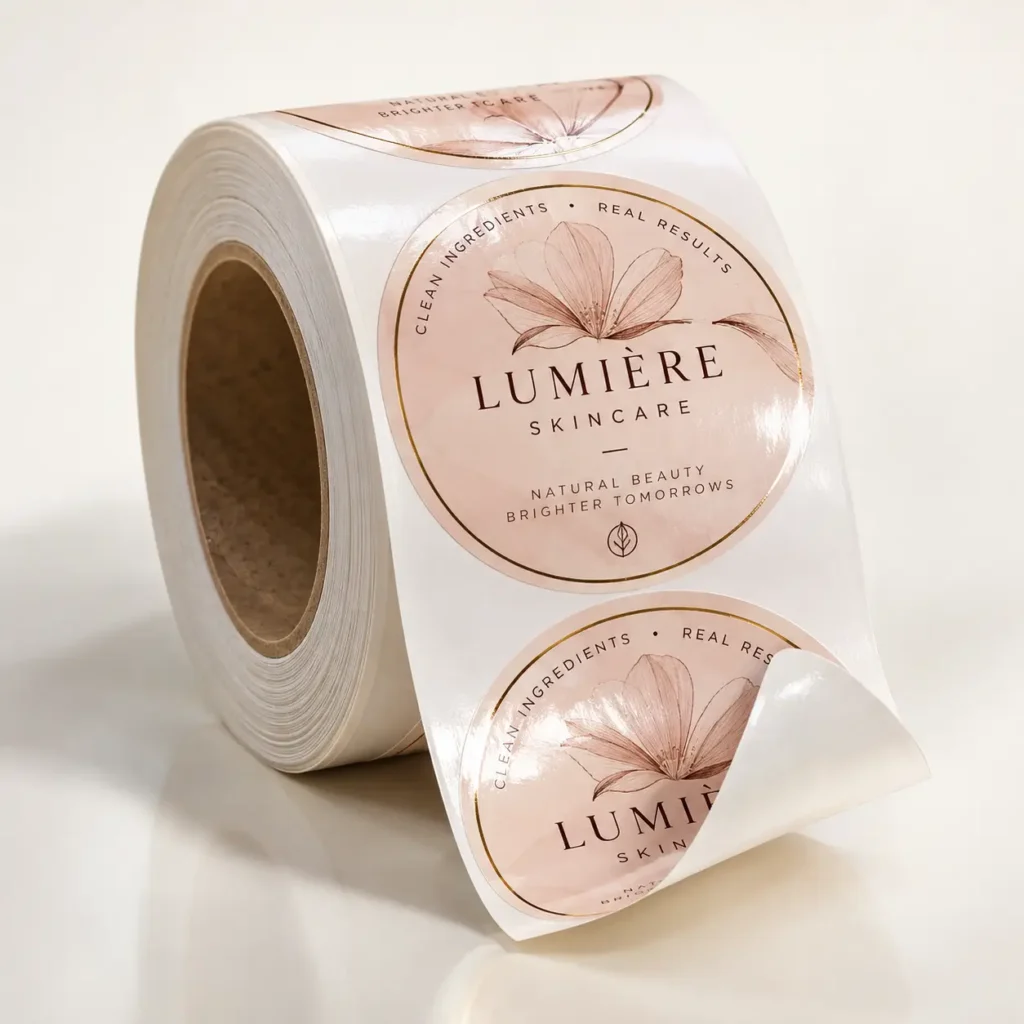 Roll of custom round blush pink skincare stickers for Lumière brand with floral design and gold accents on white background