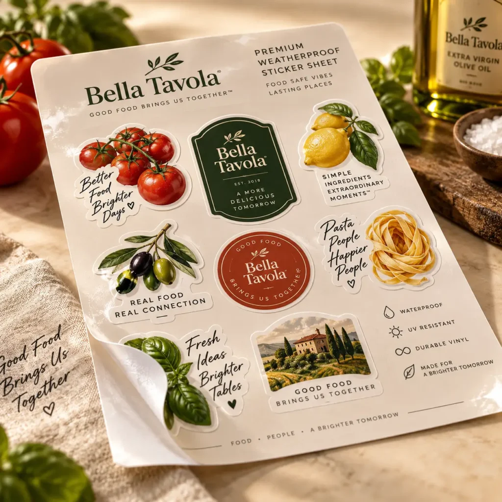 Bella Tavola premium weatherproof vinyl sticker sheet featuring Italian food illustrations, tomatoes, pasta, olives, lemons, green branding