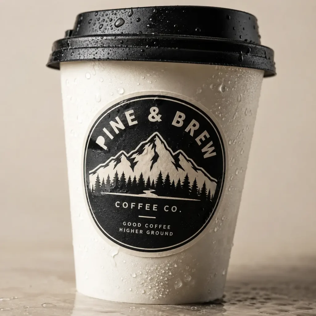 White disposable coffee cup with black lid featuring Pine & Brew Coffee Co. mountain logo, water droplets, minimalist packaging design