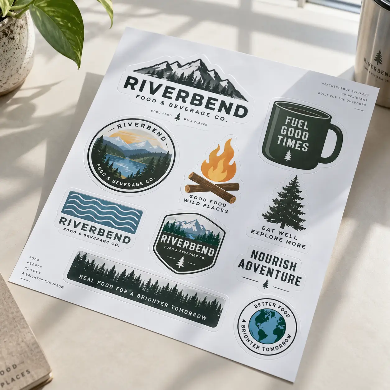 Riverbend Food & Beverage Co. weatherproof sticker sheet with outdoor adventure logos, campfire, mountains, and forest designs on white