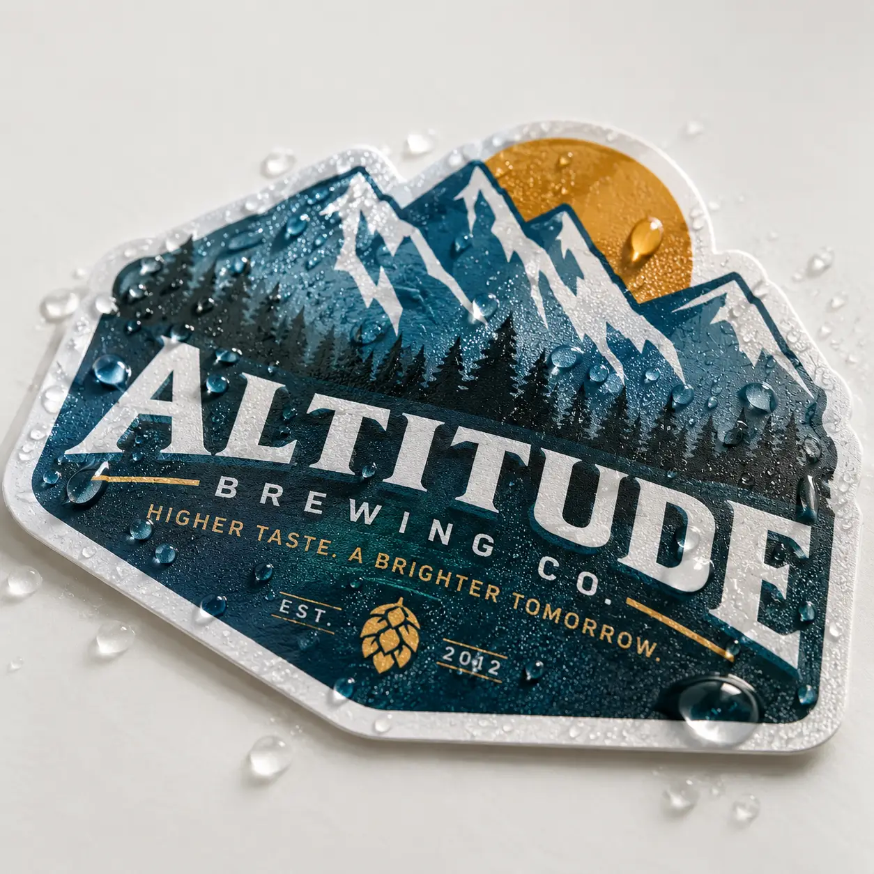 Altitude Brewing Co. die-cut sticker with mountain scene, gold sun, blue tones, water droplets, EST. 2012, custom sticker printing