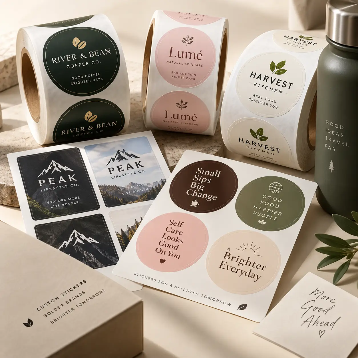 Custom sticker rolls and sheets featuring green, pink, and beige brand labels for coffee, skincare, and lifestyle businesses