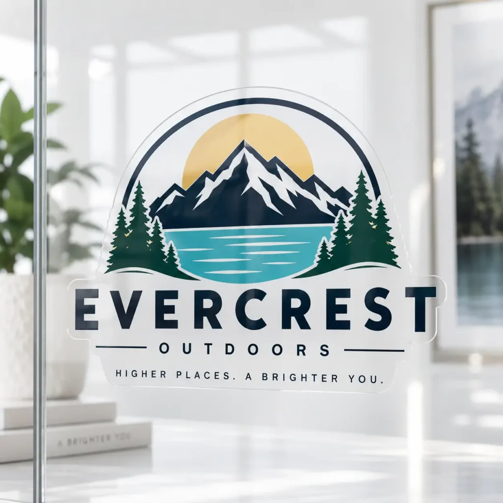 Evercrest Outdoors custom die-cut sticker on glass, mountain lake pine tree logo, navy teal gold, The Packaging Masters