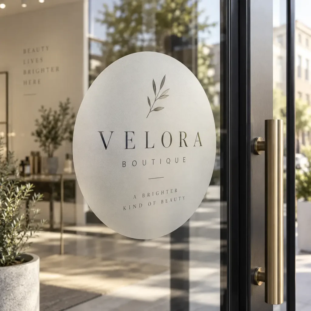 Frosted oval window decal on glass door displaying Velora Boutique luxury beauty brand logo with olive branch design