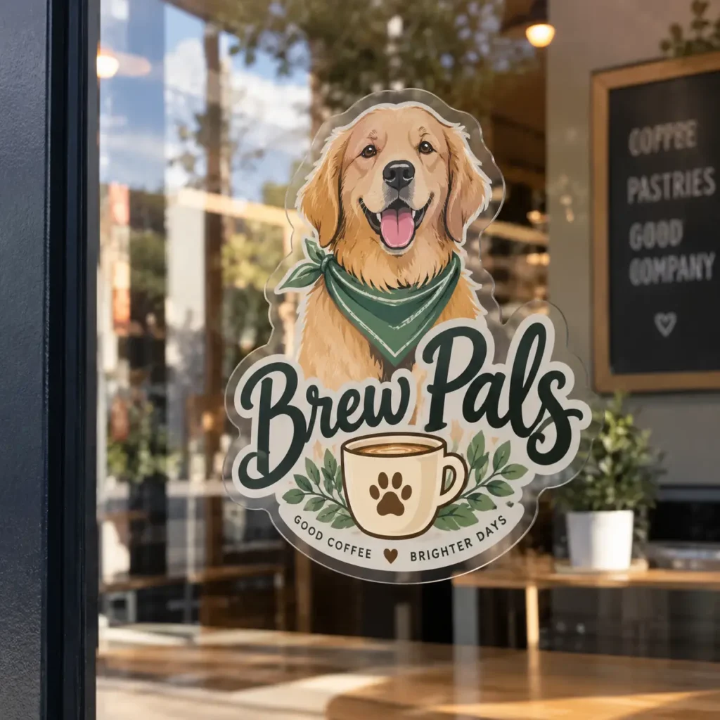 Brew Pals coffee shop window decal featuring smiling golden retriever in green bandana with paw print latte cup custom sticker