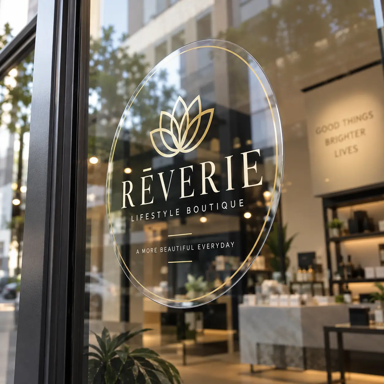 Gold oval window decal for Reverie Lifestyle Boutique on boutique storefront glass, luxury custom signage printing