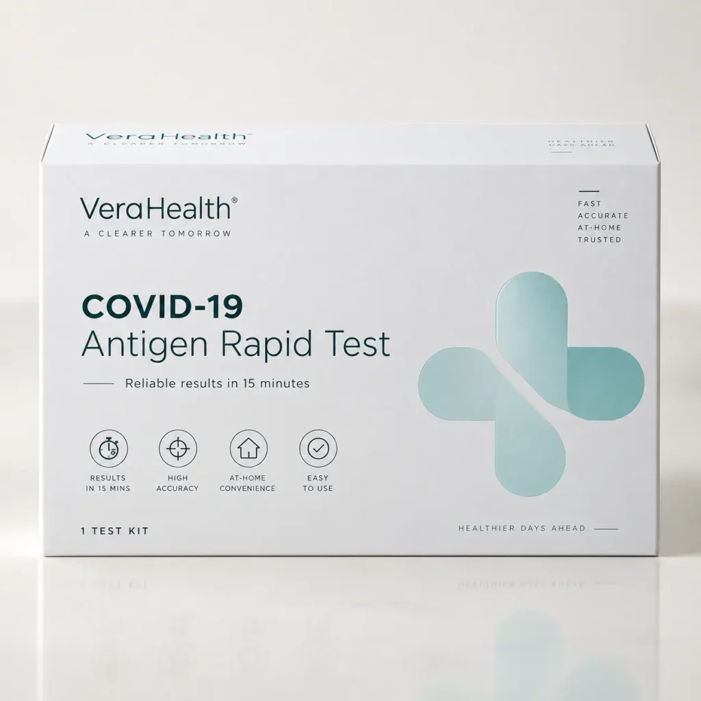 VeraHealth COVID-19 Antigen Rapid Test white box packaging with teal cross logo, 15-minute results, clean minimal design