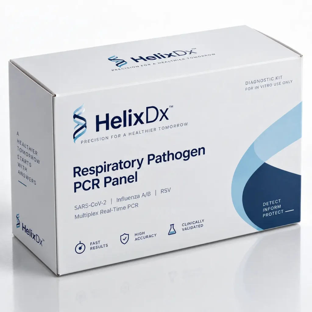 White HelixDx Respiratory Pathogen PCR Panel diagnostic kit box with blue branding, detecting SARS-CoV-2, Influenza, RSV