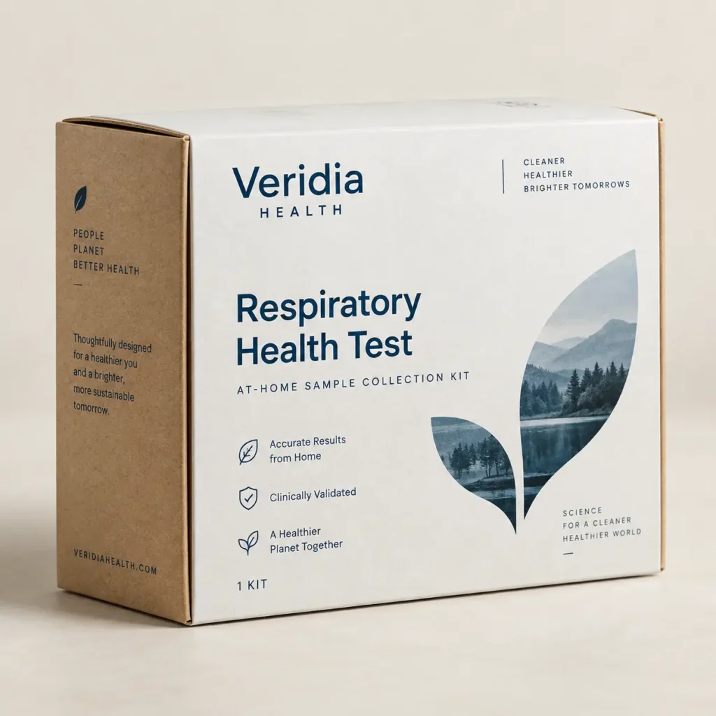 Veridia Health Respiratory Health Test at-home sample collection kit box, white and kraft brown eco-friendly packaging design