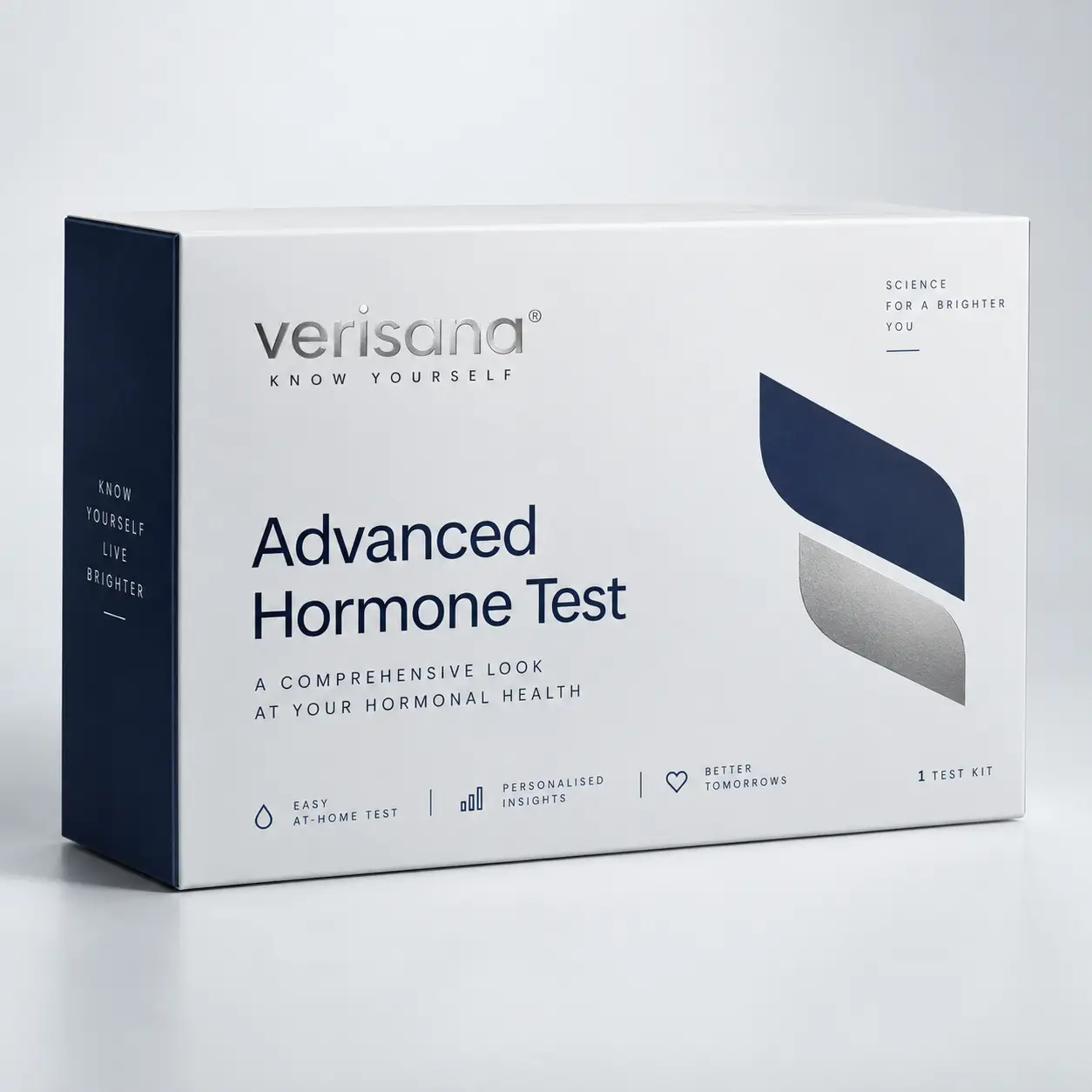 Verisana Advanced Hormone Test kit box in white and navy blue, at-home saliva test packaging with minimalist design