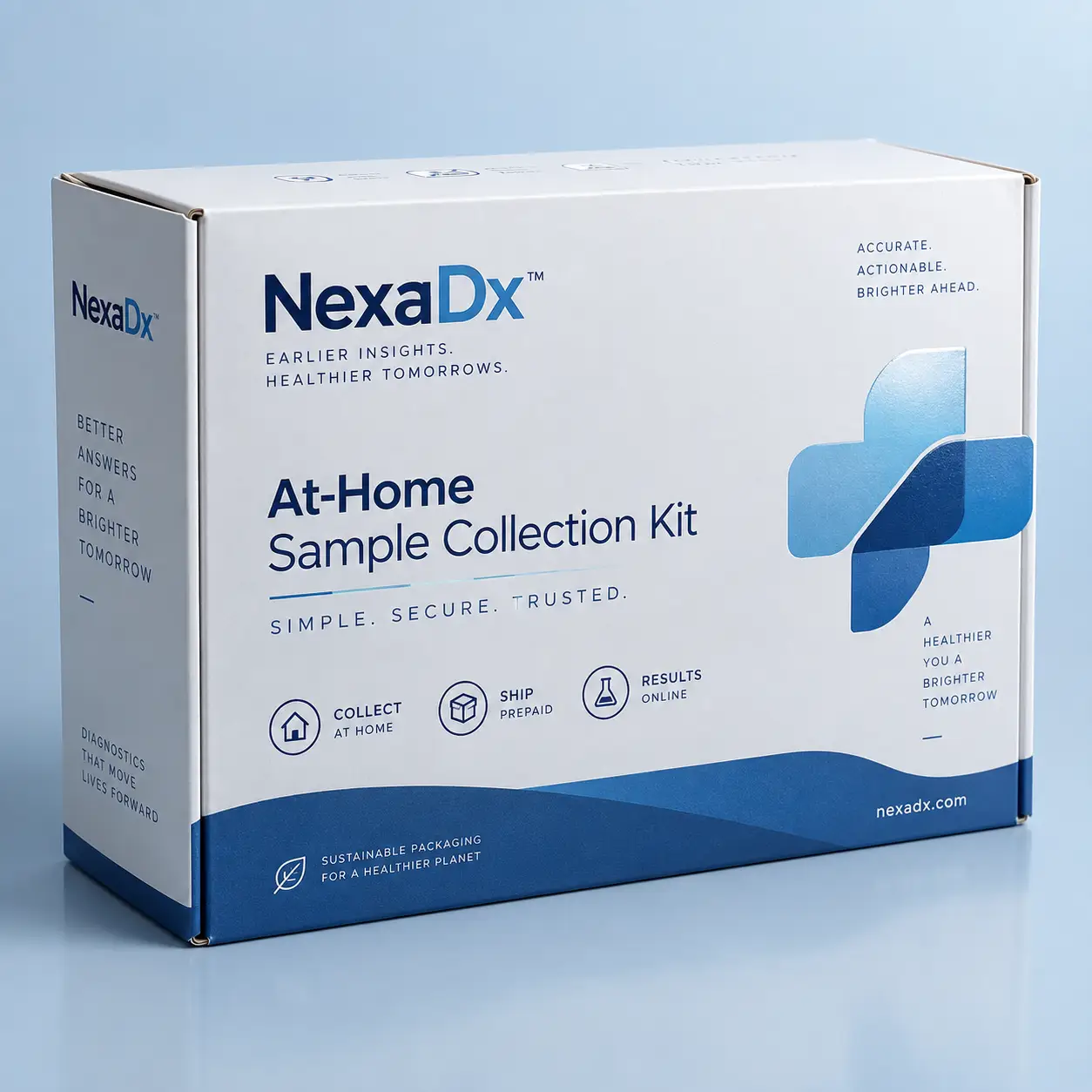 NexaDx white and blue at-home sample collection kit box with medical cross logo on light blue background
